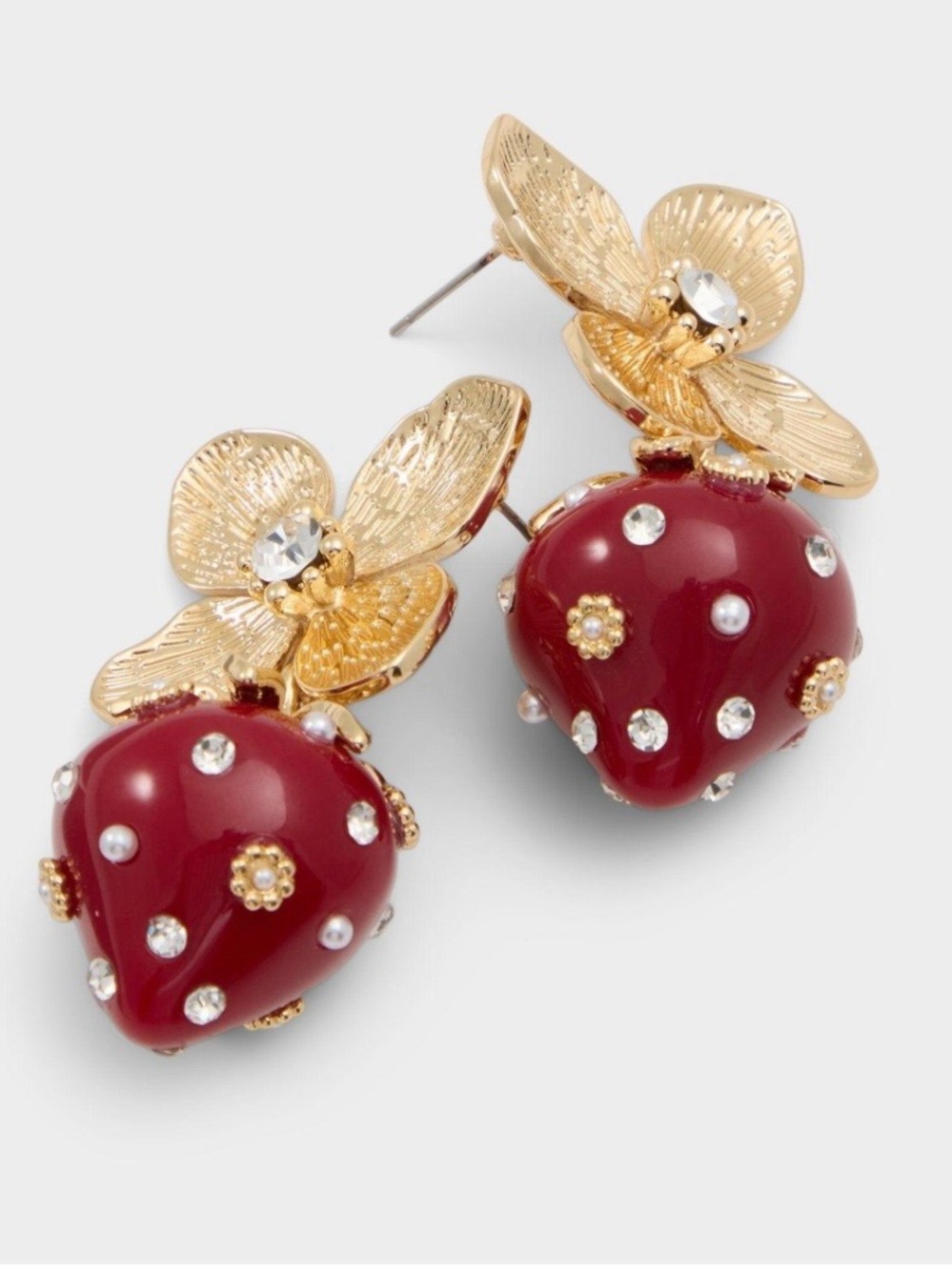 Gold Floral Red Strawberry Drop Earrings